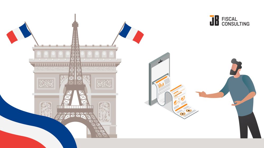 Fiscalization in France illustration showing French flags, a Paris monument with the Eiffel Tower and Arc de Triomphe, a smartphone printing a receipt, and a person pointing at the receipt graphic.