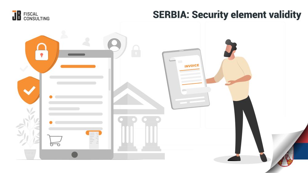 Illustration of fiscalization in Serbia showing secure digital invoicing, fiscal receipt validation, and security element compliance for POS and retail systems.