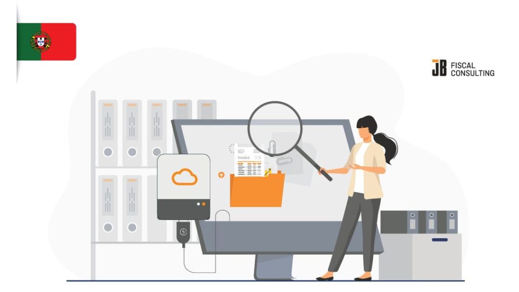 Fiscalization in Portugal illustrated by digital archiving of invoices with cloud storage, binders, and document review.