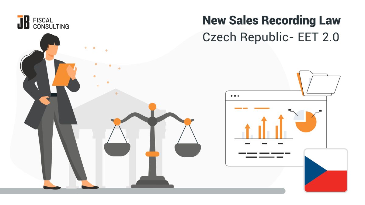 Illustration of the Czech Republic's EET 2.0 sales recording law featuring legal compliance scales, digital reporting analytics, and regulatory documentation for retail transaction monitoring.