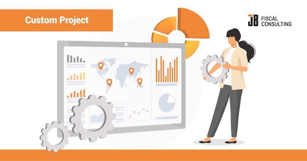 This image supports the Custom Project service page for JB Fiscal Consulting. It pictures a consultant assembling gears next to a dashboard of global data, a simple way to show how the firm builds fiscalization projects around each client's specific markets and goals. The world map and charts point to the international scope of the work, while the gears suggest hands-on, configurable delivery.