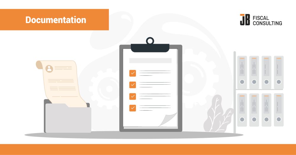 Fiscal compliance documentation from JB Fiscal Consulting is shown as an illustration with a central clipboard checklist, a paper document in a tray on the left, and organized binders on a shelf on the right. The image reflects document work for POS software teams, product managers, and compliance teams that need fiscal law extracts, receipt format guidance, retail process notes, and technical reference material.