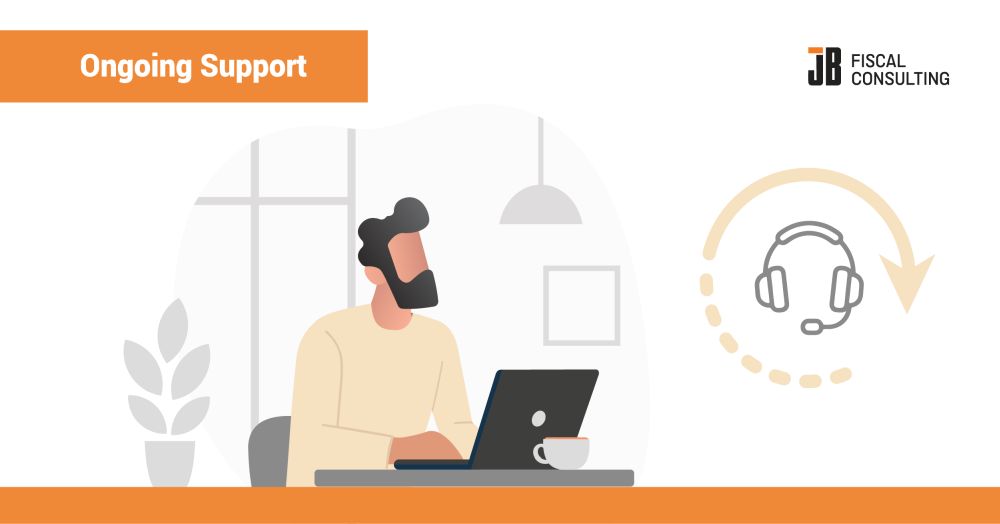 Fiscal compliance ongoing support from JB Fiscal Consulting is shown as a consultant working at a laptop beside a headset icon and circular support symbol. The image represents continuing guidance for POS software companies and retail IT teams that need answers about receipt changes, system updates, new fiscal rules, audits, transaction processes, and market expansion. JB Fiscal Consulting provides ongoing fiscal compliance support for clients operating across more than 45 countries and helps teams interpret how regulatory changes affect their POS systems and business processes.