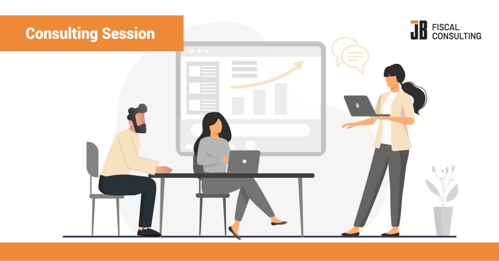 Fiscalization Consulting Session with JB Fiscal Consulting shows a consultant presenting regulatory and technical information to two business professionals using laptops. The meeting visual represents guidance for POS software companies and global retailers that need answers about fiscalization rules, certification, hardware, software, receipts, and compliance processes. JB Fiscal Consulting provides vendor-neutral fiscalization consulting from Novi Sad, Serbia, for companies operating across international markets
