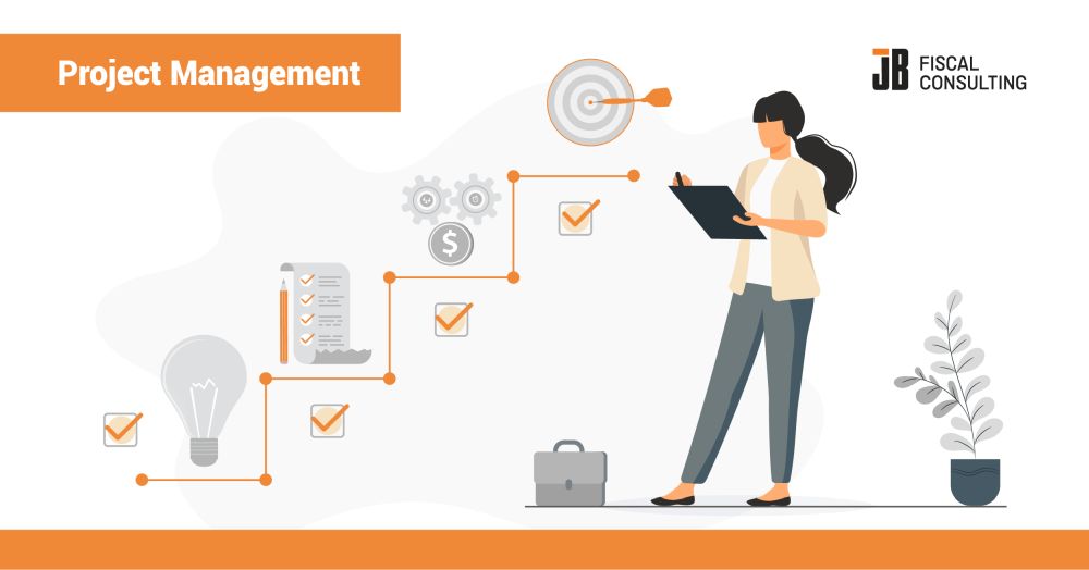 Fiscalization Project Management from JB Fiscal Consulting is shown as a consultant managing a sequence of connected project stages with checkmarks, a checklist, gears, a briefcase, and a final target. The image represents fiscal certification planning, application preparation, documentation coordination, pre-audit preparation, certification scheduling, result review, and revision support for POS software companies. JB Fiscal Consulting manages fiscal certification projects for clients that need structured support before their POS solution can operate in countries with mandatory certification requirements.