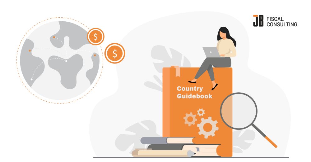 The image shows a professional working on a laptop atop a large reference book, next to a world map with connected currency markers, gear icons, and a magnifying glass. This guidebook explains receipt rules, business processes, archiving, and audit expectations in plain retail IT language for markets with no fiscal mandate.