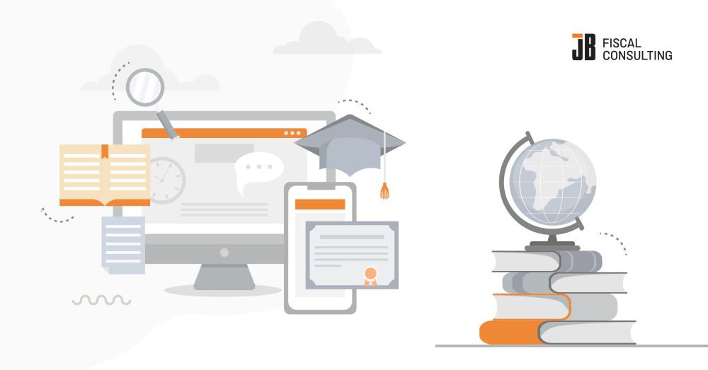 The image shows an online learning portal with a search bar, open book, mobile certificate, graduation cap, and a globe on stacked books to represent worldwide reference material. This web portal holds country profiles, fiscal law summaries, receipt format guides, and process checklists that the whole team can search and use.